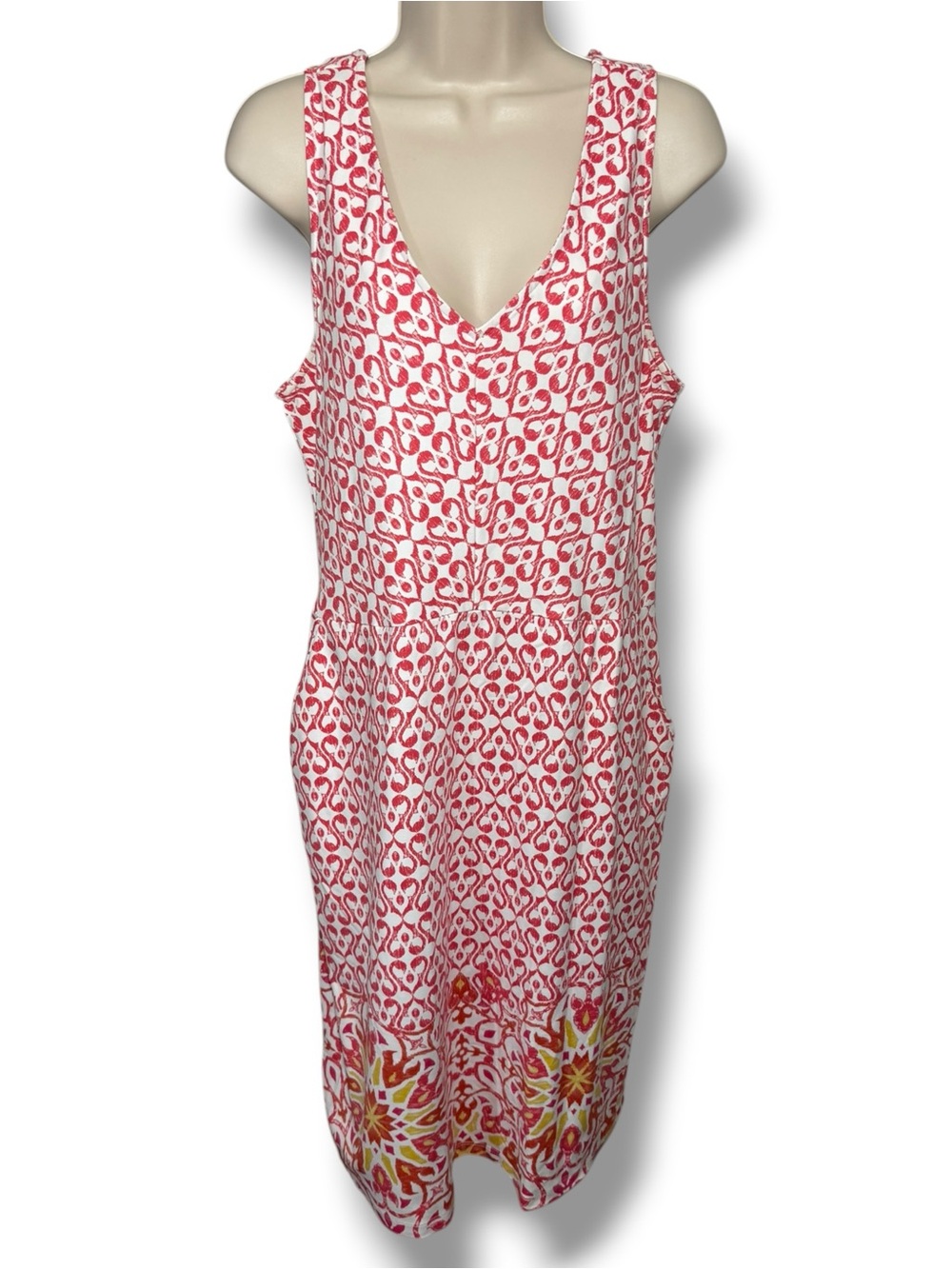 J. McLaughlin Women’s Sleeveless Printed V-Neck Dress Red White Size Large - Picture 1 of 6